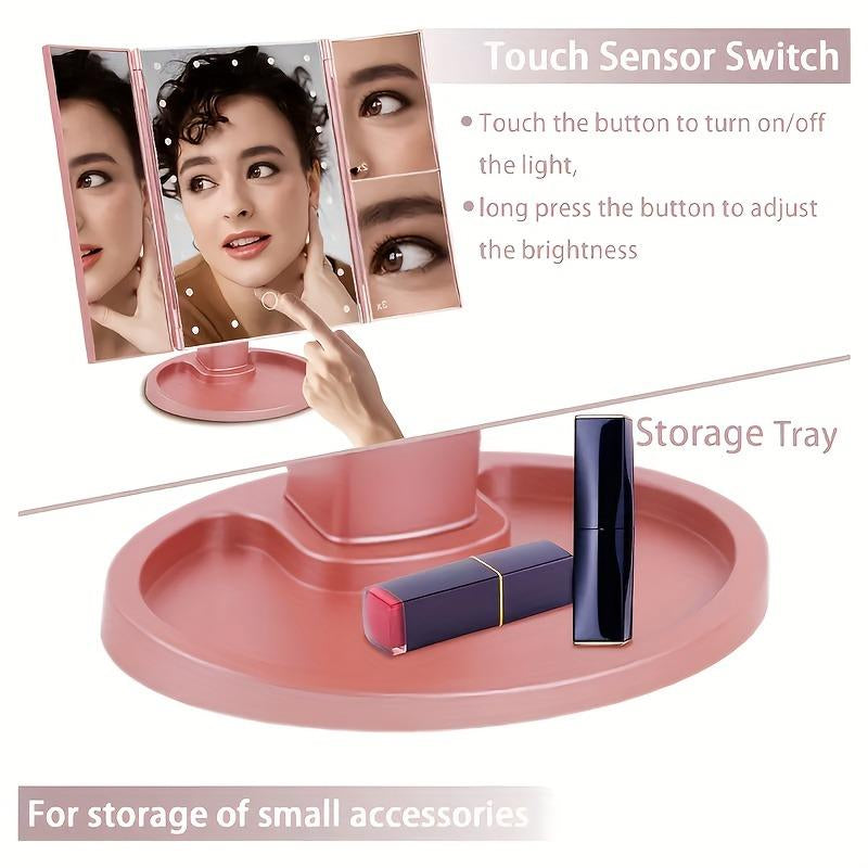 Hoodink Portable LED Light Makeup Mirror 3-Fold Foldable Rechargeable Vanity Mirror with 2X 3X 10X Magnification, Touch Control Mirror for Travel Bedroom, Led Lighted Mirror