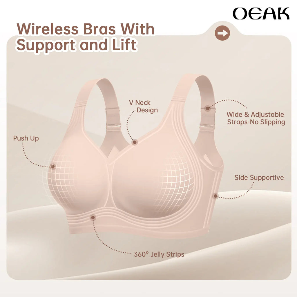 OEAK Womens Jelly Bras Full Coverage Wireless Supportive Bra Push up plus Size Comfort Soft No Underwire Seamless Comfortable Wireless T-Shirt Everyday Bras Wings