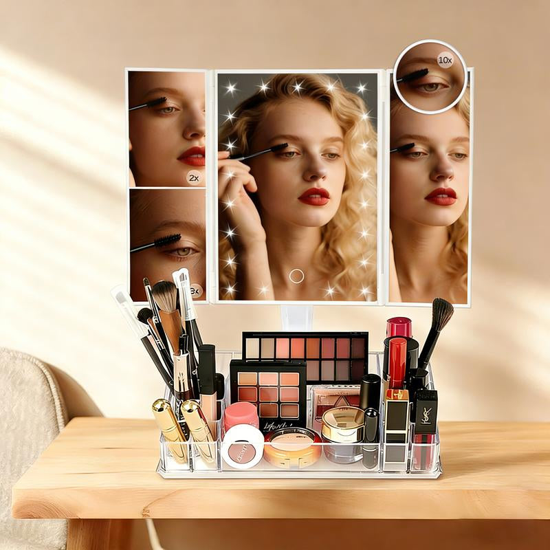 Hoodink Portable LED Light Makeup Mirror 3-Fold Foldable Rechargeable Vanity Mirror with 2X 3X 10X Magnification, Touch Control Mirror for Travel Bedroom, Led Lighted Mirror