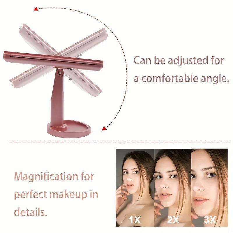 Hoodink Portable LED Light Makeup Mirror 3-Fold Foldable Rechargeable Vanity Mirror with 2X 3X 10X Magnification, Touch Control Mirror for Travel Bedroom, Led Lighted Mirror