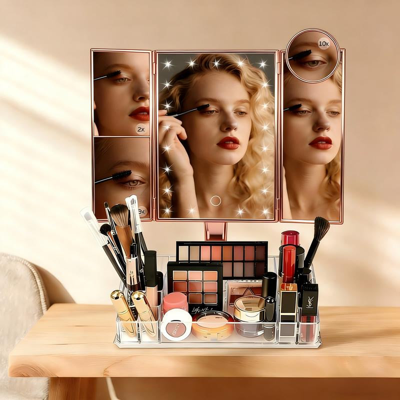 Hoodink Portable LED Light Makeup Mirror 3-Fold Foldable Rechargeable Vanity Mirror with 2X 3X 10X Magnification, Touch Control Mirror for Travel Bedroom, Led Lighted Mirror