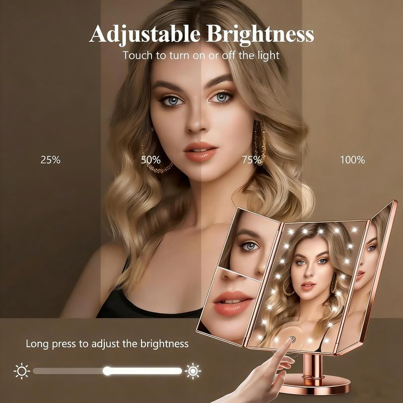 Hoodink Portable LED Light Makeup Mirror 3-Fold Foldable Rechargeable Vanity Mirror with 2X 3X 10X Magnification, Touch Control Mirror for Travel Bedroom, Led Lighted Mirror