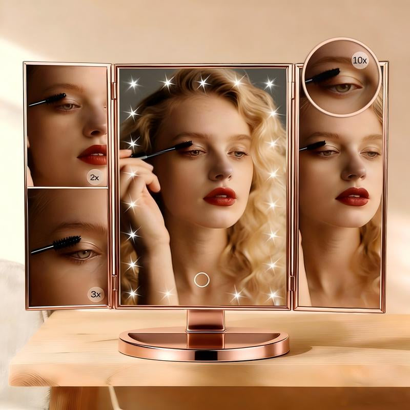 Hoodink Portable LED Light Makeup Mirror 3-Fold Foldable Rechargeable Vanity Mirror with 2X 3X 10X Magnification, Touch Control Mirror for Travel Bedroom, Led Lighted Mirror
