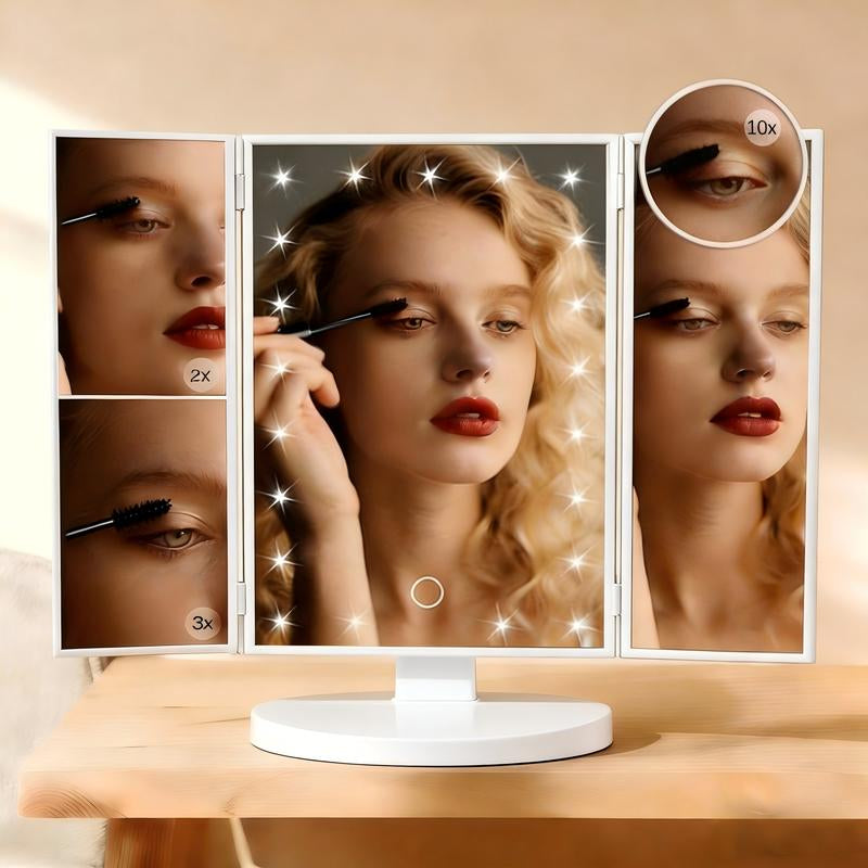 Hoodink Portable LED Light Makeup Mirror 3-Fold Foldable Rechargeable Vanity Mirror with 2X 3X 10X Magnification, Touch Control Mirror for Travel Bedroom, Led Lighted Mirror